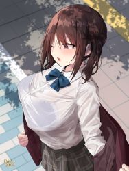Rule 34 | 1girl, ;o, aqua bow, aqua bowtie, black bra, bow, bowtie, bra, bra visible through clothes, breasts, brown hair, brown jacket, collared shirt, commentary request, covered erect nipples, dappled sunlight, from above, grey skirt, highres, huge breasts, jacket, long hair, oekakizuki, one eye closed, original, outdoors, plaid, plaid skirt, purple eyes, removing jacket, school uniform, see-through, shirt, signature, skirt, solo, standing, sunlight, two side up, underwear, white shirt