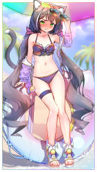 Rule 34 | 1girl, absurdres, animal ear fluff, animal ears, bare shoulders, beach, bikini, black hair, blue bikini, blue sky, blurry, blurry background, blush, breasts, cameltoe, cat ears, cat girl, cat tail, collarbone, embarrassed, female focus, frilled bikini, frills, full body, gold trim, green eyes, hair ribbon, highres, holding, holding removed eyewear, hood, hoodie, innertube, jacket, karyl (princess connect!), karyl (summer) (princess connect!), legband, lens flare, long hair, long sleeves, looking at viewer, low twintails, midriff, multicolored hair, navel, off shoulder, outdoors, palm tree, phi str, princess connect!, purple hoodie, purple jacket, ribbon, sandals, sidelocks, sky, small breasts, solo, standing, streaked hair, sunglasses, swim ring, swimsuit, tail, tree, twintails, unworn eyewear, very long hair, white hair