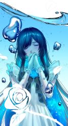 Rule 34 | 1girl, ado (utaite), adochansukisuki, air bubble, black hair, blue hair, bubble, chando (ado), closed eyes, cloud nine inc, colored inner hair, commentary, cowboy shot, double exposure, dress, frilled dress, frilled gloves, frills, gloves, highres, long hair, mole, mole under eye, multicolored hair, own hands clasped, own hands together, sleeveless, sleeveless dress, solo, two-tone hair, underwater, utaite, variant set, very long hair, white background, white dress, white gloves