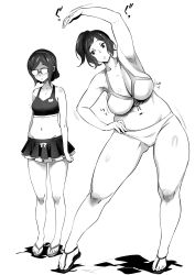 Rule 34 | 10s, 2girls, absurdres, arm up, bobobo, breast envy, breasts, curvy, exercising, glasses, gundam, gundam build fighters, highres, iori rinko, kousaka china, large breasts, mature female, monochrome, multiple girls, open mouth, plump, sandals, skirt, thick thighs, thighs, white background