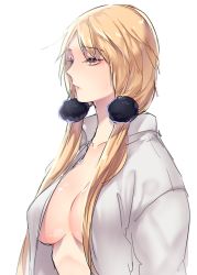 Rule 34 | 10s, 1girl, blonde hair, breasts, center opening, collarbone, collared shirt, dress shirt, eyebrows, genderswap, genderswap (mtf), hair ornament, hair over shoulder, izumi kouhei, large breasts, long hair, low twintails, open clothes, open shirt, parted lips, pepper fever, pom pom (clothes), shirt, simple background, sketch, solo, twintails, upper body, white background, white shirt, world trigger, yellow eyes