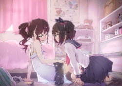 Rule 34 | 2girls, animal ears, artist name, barefoot, bed, bedroom, blue skirt, blush, bookshelf, brown eyes, brown hair, cat, cat ears, child, child on child, couple, curtains, dress, from side, full body, green eyes, hair ornament, indoors, kagawa yuusaku, knees up, lace, lace-trimmed dress, lace trim, leaning forward, long hair, long sleeves, looking at another, looking away, multiple girls, nightgown, original, pastel colors, pink theme, pleated skirt, ponytail, profile, room, roomscape, school uniform, scrunchie, serafuku, short hair, signature, sitting, skirt, smile, spaghetti strap, stuffed animal, stuffed toy, teddy bear, wavy hair, white dress, window, yokozuwari, yuri