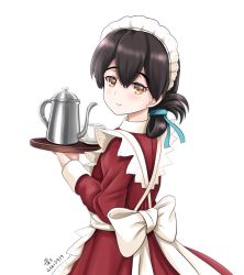 Rule 34 | 1girl, alternate costume, apron, black hair, brown eyes, dress, enmaided, folded ponytail, holding, holding tray, kantai collection, kasuga maru (kancolle), long hair, long sleeves, maid, maid apron, maid headdress, red dress, smile, solo, swept bangs, taiyou (kancolle), tk8d32, tray, upper body, white apron