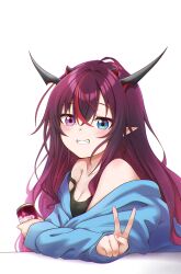 Rule 34 | 1girl, absurdres, alternate costume, blue eyes, blush, breasts, can, cleavage, crossed arms, drink can, gradient hair, grin, hair between eyes, heterochromia, highres, holding, holding can, hololive, hololive english, horns, irys (hololive), jan azure, long hair, looking at viewer, medium breasts, multicolored hair, multiple horns, off shoulder, pink nails, pointy ears, purple eyes, red hair, simple background, smile, soda can, solo, streaked hair, tank top, v, very long hair, virtual youtuber, white background