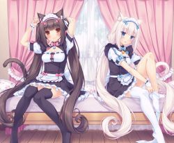 Rule 34 | 10s, 2girls, :3, adjusting hair, animal ear legwear, animal ears, apron, bed, bell, black legwear, blue eyes, blush, bow, bowtie, breasts, brown eyes, brown hair, cat ear legwear, cat ears, cat tail, chocola (nekopara), cleavage cutout, clothing cutout, curtains, dressing, frilled apron, frills, highres, jingle bell, long hair, looking at viewer, maid headdress, multiple girls, name tag, nekopara, no shoes, official art, pillow, ribbon, sayori (neko works), sitting, slit pupils, small breasts, smile, tail, thighhighs, twintails, tying hair, vanilla (nekopara), very long hair, waist apron, waitress, white hair, white legwear, wooden floor, wrist cuffs