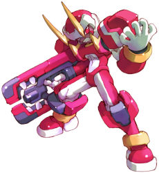 Rule 34 | 1boy, android, capcom, clenched teeth, fighting fefnir (mega man), fighting stance, full body, gun, holding, holding weapon, horns, legs apart, looking at viewer, male focus, mega man (series), mega man zero (series), nakayama tooru, official art, red eyes, simple background, solo, standing, teeth, weapon, white background