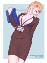 Rule 34 | 1girl, bags under eyes, blonde hair, boku no hero academia, dress shirt, fangs, formal, glasses, head tilt, lanyard, looking at viewer, looking down, low twintails, medium hair, mizuki mau, name tag, office lady, pencil skirt, shirt, simple background, skirt, smile, solo, suit, toga himiko, twintails, yellow eyes