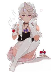 Rule 34 | 1boy, alternate costume, arm garter, bare shoulders, blue bow, blush, bow, cake, choker, closed mouth, collarbone, corrin (fire emblem), corrin (male) (fire emblem), crossdressing, dress, enmaided, eyebrows, fire emblem, fire emblem fates, food, frilled dress, frills, full body, gloves, hair between eyes, hand on own cheek, hand on own face, heart, highres, holding, holding spoon, legs together, looking at viewer, maid, maid headdress, male focus, nintendo, panties, pantyshot, pointy ears, red eyes, shadow, silver hair, simple background, sitting, sleeveless, smile, solo, spoon, thighhighs, trap, underwear, w (1999 kyu), white background, white gloves, white panties, white thighhighs