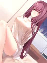 Rule 34 | 1girl, blush, breasts, cherinova, dutch angle, covered erect nipples, fate/grand order, fate (series), frown, long hair, naked sweater, on bed, purple hair, red eyes, ribbed sweater, scathach (fate), scathach (fate), see-through, sitting, solo, sweater