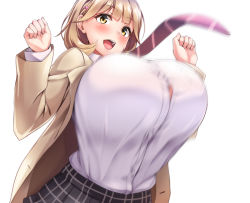 Rule 34 | 10s, 1girl, blonde hair, blush, bouncing breasts, breasts, brown hair, bursting breasts, gigantic breasts, hair ornament, hairclip, highres, huge breasts, looking at viewer, motion blur, narusawa ryouka, necktie, occultic;nine, open mouth, plaid, plaid skirt, ponchi (menchi0925), school uniform, shirt tucked in, short hair, simple background, skirt, smile, solo, upper body, white background, yellow eyes