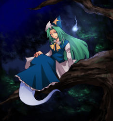 Rule 34 | 1girl, ascot, blue dress, dress, emon-yu, female focus, forest, ghost, ghost tail, green eyes, green hair, hat, long hair, matching hair/eyes, mima (touhou), nature, outdoors, plant, sitting, sky, solo, touhou, touhou (pc-98), wizard hat