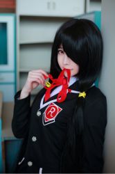 Rule 34 | 1girl, artist request, asian, black hair, blazer, blurry, color contacts, cosplay, date a live, depth of field, hair over one eye, jacket, long hair, looking at viewer, makeup, mascara, mouth hold, neck ribbon, photo (medium), red eyes, ribbon, school uniform, solo, tokisaki kurumi, tokisaki kurumi (cosplay), twintails, upper body