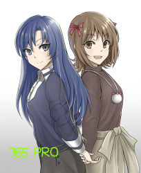 Rule 34 | 2girls, :d, absurdres, amami haruka, back-to-back, blue hair, bow, brown eyes, brown hair, brown shirt, grey background, grey eyes, grey skirt, hair bow, highres, holding hands, idolmaster, idolmaster (classic), kisaragi chihaya, long hair, long sleeves, looking at viewer, makise minami, multiple girls, open mouth, red bow, shirt, short hair, simple background, skirt, smile, standing