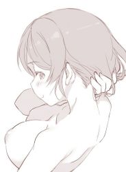 Rule 34 | 1girl, blush, breasts, completely nude, duke (inu daimyou), from behind, greyscale, hand in own hair, holding, holding own hair, large breasts, looking at viewer, love live!, love live! school idol project, monochrome, nipples, nude, smile, solo, tojo nozomi, upper body