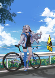 Rule 34 | 1girl, absurdres, ai ke le de xiao hong, asymmetrical legwear, bicycle, bike shorts, black choker, black shirt, black shorts, blue legwear, blue sky, bronya zaychik, bronya zaychik (silverwing: n-ex), choker, cloud, cloudy sky, full body, goggles, goggles on head, grey eyes, grey hair, highres, holding, holding phone, honkai (series), honkai impact 3rd, jacket, jewelry, long hair, long sleeves, looking at viewer, mismatched legwear, mountainous horizon, necklace, open mouth, outdoors, phone, road, shadow, shirt, shoes, shorts, signpost, sky, sneakers, solo, standing, water, white footwear, white jacket
