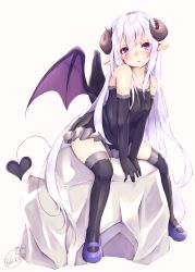 Rule 34 | 1girl, arm support, bad anatomy, bare shoulders, black dress, black gloves, blush, chita (ketchup), commentary request, demon girl, demon tail, demon wings, dress, elbow gloves, full body, fur-trimmed dress, fur trim, gloves, goat horns, horns, leaning forward, light purple hair, long hair, looking at another, looking at viewer, original, pointy ears, purple eyes, purple footwear, rock, shoes, simple background, sitting, sleeveless, sleeveless dress, solo, tail, thighhighs, very long hair, white background, wings