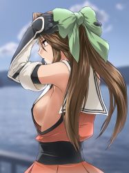 Rule 34 | 1girl, akito (sub707), blue sky, blurry, bow, breasts, brown eyes, brown hair, cloud, commentary request, day, depth of field, detached sleeves, elbow gloves, forehead protector, from behind, gloves, green bow, hair bow, hair intakes, half updo, highres, jintsuu (kancolle), jintsuu kai ni (kancolle), kantai collection, long hair, medium breasts, no bra, orange serafuku, outdoors, pleated skirt, school uniform, serafuku, sideboob, skirt, sky, solo, upper body