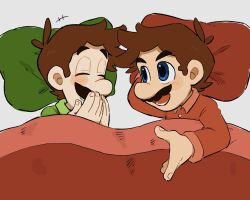 Rule 34 | 2boys, bed, blanket, blue eyes, brothers, brown hair, facial hair, green shirt, hat, highres, luigi, male focus, mario, mario (series), mimimi (mimimim9999), multiple boys, mustache, nintendo, pajamas, red hat, shirt, short hair, siblings, unworn hat, unworn headwear