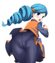 Rule 34 | 10s, 1girl, :o, ace trainer (pokemon), ass, belt, bent over, black panties, blue eyes, blue hair, blue pantyhose, blush, covered erect nipples, creatures (company), crotch seam, drill hair, from behind, game freak, grey skirt, hair bobbles, hair ornament, highres, holding, holding poke ball, huge ass, leaning forward, long hair, long sleeves, looking back, matching hair/eyes, mushi gyouza, nintendo, npc trainer, open mouth, panties, panties under pantyhose, pantyhose, plaid, pleated skirt, poke ball, pokemon, pokemon bw, pokemon bw2, simple background, skirt, solo, standing, thigh gap, twin drills, twintails, underwear, upskirt, vest, white background