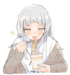 Rule 34 | 1girl, absurdres, blush, brown cardigan, cardigan, chopsticks, commentary request, eating, grey hair, highres, holding, holding chopsticks, hololive, long hair, murasaki shion, nissin cup noodle, oisiimizu, open mouth, orange eyes, shirt, simple background, solo, sweat, upper body, virtual youtuber, white background, white shirt