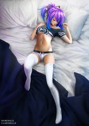 Rule 34 | 1girl, absurdres, bandaid, bandaid on face, bandaid on nose, bed, blanket, bow, breasts, dclaribelle, drooling, highres, indie virtual youtuber, melody (projektmelody), nail polish, navel, open mouth, pillow, ponytail, purple hair, short shorts, shorts, sleeping, small breasts, solo, tank top, thighhighs, underboob, virtual youtuber, vshojo, white shorts