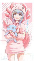 Rule 34 | 1girl, :3, :d, animal hood, blue eyes, blue hair, blush, carrying, commentary request, cowboy shot, creature, fang, heart, hood, hoodie, jerry3912, long hoodie, long sleeves, looking at viewer, o o, open mouth, original, pink background, pink hoodie, sidelocks, sleeves past wrists, smile, solo, sparkle hair ornament, tail, thighs, twitter username