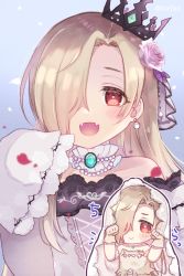 Rule 34 | :&gt;, alternate hair length, alternate hairstyle, blonde hair, blue background, blush, chibi, chibi inset, clenched hands, collar, collarbone, commentary request, crown, detached sleeves, dress, earrings, fangs, flat chest, flower, frilled collar, frills, gem, gloves, hair flower, hair ornament, hair over one eye, hand up, hands up, idolmaster, idolmaster cinderella girls, jewelry, lace, lace-trimmed dress, lace trim, looking at viewer, necklace, nitro (lrlrxx), open mouth, paw pose, pearl necklace, red eyes, rose, shirasaka koume, sleeves past fingers, sleeves past wrists, smile, twitter username, veil, wedding dress, white dress, white gloves