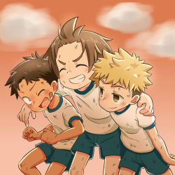 Rule 34 | 3boys, arms around another&#039;s neck, arms around neck, bandaid, bandaid on face, blonde hair, blue shorts, blush, brown eyes, brown hair, dirty, dirty clothes, dirty face, closed eyes, grin, gym shirt, gym shorts, gym uniform, highres, jqk, male focus, multiple boys, original, shirt, short sleeves, shorts, smile, sunset, white shirt