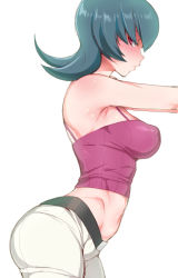 Rule 34 | 00s, 1girl, arched back, ass, bare shoulders, blue hair, blush, breasts, covered erect nipples, creatures (company), from side, game freak, gym leader, hizuki akira, large breasts, lips, midriff, navel, nintendo, pants, pokemon, pokemon hgss, profile, red eyes, sabrina (pokemon), simple background, solo, white background