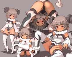 Rule 34 | 1girl, ass, bare hips, boots, cameltoe, commentary request, dark skin, demon girl, garoudo (kadouhan&#039;i), grey background, grey hair, half-closed eyes, high heel boots, high heels, horns, knees together feet apart, leotard, looking through own legs, multiple views, open mouth, original, partially visible vulva, pointy ears, pussy juice, sheep horns, short hair, simple background, sitting, spread legs, tail, thick eyebrows, thigh boots, thighhighs, upside-down, white thighhighs, wings
