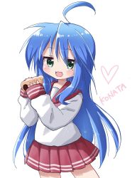 Rule 34 | 1girl, :3, :d, ahoge, blue hair, blush, character name, chocolate cornet, commentary, cowboy shot, food, green eyes, hair between eyes, hands up, heart, highres, holding, holding food, izumi konata, long hair, long sleeves, looking at viewer, lucky star, mole, mole under eye, open mouth, pleated skirt, red sailor collar, red skirt, sailor collar, school uniform, serafuku, shika (s1ka), shirt, simple background, skirt, sleeves past wrists, smile, solo, symbol-only commentary, very long hair, white background, white shirt
