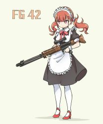 Rule 34 | 1girl, apron, battle rifle, black dress, closed mouth, dress, fg 42, full body, gun, hair ornament, hair scrunchie, high heels, holding, holding gun, holding weapon, maid, maid apron, maid headdress, neck ribbon, original, pantyhose, pas (paxiti), pink eyes, puffy short sleeves, puffy sleeves, red footwear, red hair, red ribbon, ribbon, rifle, scrunchie, short sleeves, solo, standing, trigger discipline, twintails, weapon, white apron, white pantyhose, white scrunchie, wrist cuffs