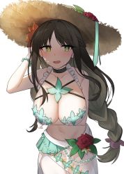 Rule 34 | 1girl, :d, absurdres, arm up, bare arms, bare shoulders, bead bracelet, beads, bikini, black choker, black hair, black survival, bracelet, braid, breast hold, breasts, choker, cleavage, collarbone, cowboy shot, eternal return: black survival, flower, frilled bikini, frills, green eyes, gweon sua, hair flower, hair ornament, halterneck, hat, highres, jewelry, large breasts, lix (iroiro3843), long hair, looking at viewer, navel, open mouth, red flower, rose, sarong, single braid, smile, solo, stomach, straw hat, sweatdrop, swimsuit, very long hair, wet, white bikini