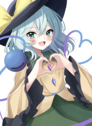 Rule 34 | 1girl, :d, absurdres, atory, black hat, blush, bow, commentary, cowboy shot, fang, green eyes, green hair, green skirt, happy, hat, hat bow, heart, heart-shaped pupils, heart hands, heart in heart hands, heart of string, highres, koishi day, komeiji koishi, long sleeves, looking at viewer, open mouth, shirt, short hair, simple background, skin fang, skirt, smile, solo, symbol-shaped pupils, third eye, touhou, white background, wide sleeves, yellow bow, yellow shirt