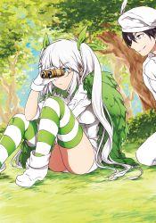Rule 34 | 10s, 1boy, 1girl, abe no seimei (drifters), binoculars, black hair, blue eyes, boots, camouflage, drifters, feathers, frown, glasses, gloves, grass, hair ribbon, hat, highres, kneeling, mikura (miraclemicro), mole, mole under eye, olmine, purple eyes, ribbon, sitting, sleeves rolled up, smile, striped clothes, striped thighhighs, thighhighs, tree, twintails, white footwear, white gloves, white hair