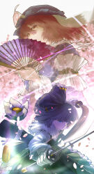 Rule 34 | absurdres, aqua eyes, blue headwear, blurry, blurry background, closed mouth, commentary, flower, folding fan, grey hair, hand fan, hat, highres, holding, holding fan, holding sword, holding weapon, konpaku youmu, long sleeves, looking at viewer, mixed-language commentary, mob cap, oubachiago, pink eyes, pink hair, procreate (medium), saigyouji yuyuko, saigyouji yuyuko&#039;s fan design, short hair, simple background, sword, touhou, triangular headpiece, weapon, white background, white flower