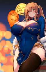 Rule 34 | 10eki (tenchou), 1girl, black thighhighs, blue dress, blush, breasts, brown hair, china dress, chinese clothes, cleavage, closed mouth, coat, unworn coat, dress, festival, flower, fur coat, girls&#039; frontline, green eyes, hair between eyes, hair flower, hair ornament, hand on own chest, highres, huge breasts, long hair, looking at viewer, night, panties, side-tie panties, sidelocks, single thighhigh, sitting, solo, springfield (girls&#039; frontline), thighhighs, two side up, underwear