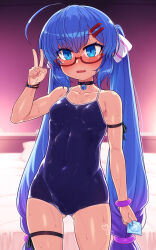 Rule 34 | 1girl, ahoge, bed, bell, black choker, blue eyes, blue hair, blush, bow, breasts, cameltoe, choker, cleft of venus, collarbone, fang, glasses, gluteal fold, hair between eyes, hair bow, hand up, highres, indoors, long hair, looking at viewer, nail polish, neck bell, null (nyanpyoun), one-piece swimsuit, open mouth, otomachi una, red-framed eyewear, school swimsuit, semi-rimless eyewear, skin fang, small breasts, solo, standing, striped, striped bow, swimsuit, thigh strap, twintails, v, very long hair, vocaloid, white bow