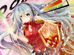 Rule 34 | 1girl, aqua eyes, armor, cape, character name, controller, energy sword, game controller, green eyes, hatsune miku, headphones, health bar, jacket, long hair, miyano ururu, pauldrons, shield, shoulder armor, skirt, sleeves rolled up, solo, sword, track jacket, twintails, very long hair, vocaloid, weapon, wii remote