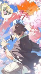 Rule 34 | 1boy, 1girl, blue sky, cherry blossoms, closed eyes, closed mouth, commentary, eyepatch, falling petals, fighting stance, green hair, hakama, haori, highres, holding, holding sword, holding umbrella, holding weapon, japanese clothes, kimono, pandoria (xenoblade), petals, short hair, sky, stephanieh81080, sword, umbrella, weapon, xenoblade chronicles (series), xenoblade chronicles 2, zeke von genbu (xenoblade)