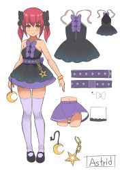 Rule 34 | 1girl, astrid (toy box-r), bare shoulders, black dress, bracelet, brown eyes, chain, crescent moon, dress, highres, jewelry, long hair, mary janes, moon, original, red hair, ribbon, shoes, short dress, sleeveless, sleeveless dress, smile, solo, star (symbol), surio, thighhighs, twintails, white thighhighs, zettai ryouiki