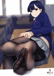 Rule 34 | 1girl, artist name, black pantyhose, blue eyes, blue hair, blue jacket, blurry, blurry background, blush, bokeh, bow, bowtie, cardigan, chair, classroom, closed mouth, collared shirt, commentary, day, depth of field, desk, feet, foreshortening, grey skirt, highres, infinote, jacket, long hair, looking at viewer, lying, miru tights, mole, mole under eye, nakabeni yua, no shoes, on side, outside border, panties, pantyhose, parted lips, red bow, red bowtie, school chair, shirt, sidelocks, skirt, smile, soles, solo, thighband pantyhose, toes, underwear, white shirt, window