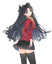 Rule 34 | 1girl, ameshiki, black hair, black skirt, blue eyes, fate/stay night, fate (series), highres, jacket, legs, long hair, miniskirt, orange scarf, scarf, skirt, smile, thighhighs, thighs, tohsaka rin, twintails, two side up, white background