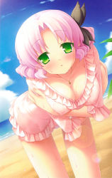 Rule 34 | 1girl, absurdres, beach, bent over, blush, breast hold, breasts, cafe sourire, cleavage, cloud, cloudy sky, collarbone, day, green eyes, hair ornament, highres, jewelry, looking at viewer, mizushima kasumi, natsume eri, necklace, ocean, outdoors, parted bangs, pink hair, see-through, short hair, sky, solo, wet, wet clothes