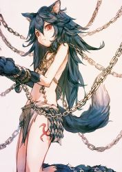 Rule 34 | 10s, 1girl, amoranorem, animal ears, animal hands, bdsm, blue hair, bondage, bound, bound arms, bound legs, bound wrists, chain, erune, fang, fenrir (shingeki no bahamut), flat chest, frown, granblue fantasy, jewelry, kashii (amoranorem), kneeling, long hair, looking at viewer, necklace, red eyes, shingeki no bahamut, simple background, solo, tail, wolf tail