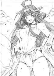 Rule 34 | 1girl, :d, absurdres, ahoge, armpits, blush, breasts, cowboy shot, gluteal fold, greyscale, headgear, highres, kantai collection, kojima takeshi, kongou (kancolle), large breasts, long hair, monochrome, navel, off shoulder, open mouth, smile, solo, swimsuit, traditional media