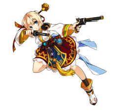 1girl aiming ankle_socks armor artist_request back_bow belt black_belt black_sash black_socks blonde_hair blue_bow blue_eyes boots bow circle_skirt determined dual_wielding elsword floating_clothes full_body gun hair_bun hair_ornament hairpin handgun highres holding holding_gun holding_weapon japanese_clothes kimono lace lace-trimmed_skirt lace_trim leaning_forward leg_up long_sleeves looking_to_the_side official_art open_mouth pauldrons red_ribbon red_skirt ribbon rose_(elsword) sash second-party_source shoe_belt short_hair short_kimono shoulder_armor single_hair_bun skirt socks solo standing swept_bangs tachi-e tassel transparent_background updo waist_ribbon weapon white_boots white_kimono