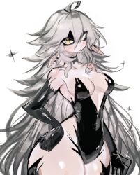 Rule 34 | 1girl, ahoge, blush, breasts, cleavage, curvy, ear piercing, friday night funkin&#039;, girlfriend (friday night funkin&#039;), grey hair, hand on own hip, inner sideboob, leotard, long hair, looking at viewer, medium breasts, piercing, pointy ears, sideboob, solo, thick thighs, thighs, tongue, tongue out, trollge girlfriend (friday night funkin&#039;), usa37107692, very long hair, wide hips, yellow eyes