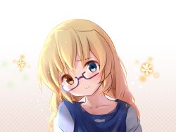 Rule 34 | 1girl, animal print, blonde hair, blue-framed eyewear, blue eyes, blue shirt, blush, braid, close-up, closed mouth, collarbone, commentary request, eyelashes, fish print, floral background, furrowed brow, glasses, hair between eyes, head tilt, heterochromia, light particles, long hair, looking at viewer, low twintails, nakatsu shizuru, polka dot, polka dot background, rewrite, semi-rimless eyewear, shirt, sidelighting, simple background, smile, solo, straight-on, tagame (tagamecat), twin braids, twintails, white background, yellow eyes