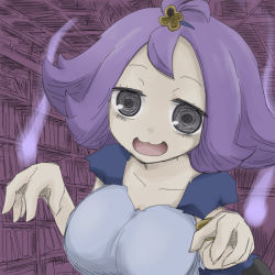 Rule 34 | 1girl, :3, :d, @ @, acerola (pokemon), alternate breast size, armlet, bare arms, book, bookshelf, breasts, cleavage, collarbone, creatures (company), dress, elite four, eyelashes, flipped hair, game freak, grey eyes, hair ornament, large breasts, nintendo, open mouth, oro (zetsubou girl), pokemon, pokemon sm, purple hair, purple theme, short hair, short sleeves, smile, solo, spirit, tongue, topknot, torn clothes, torn dress, torn sleeves, trial captain, upper body